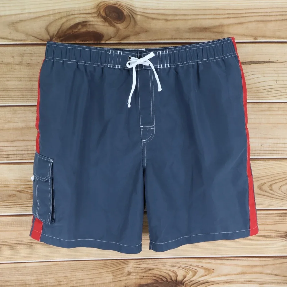 True Nation Swim Trunks w/ Liner Mens XL Blue Red Stripes Pockets‎ Stretch Waist